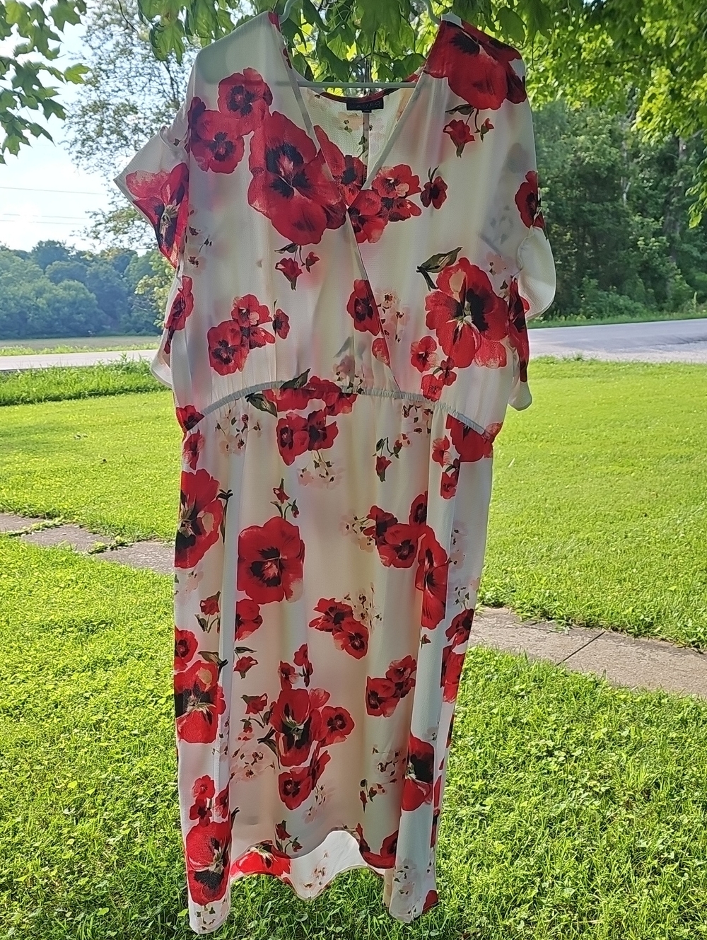 cameo White Maxi Dress with Red Floral Pattern